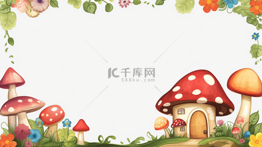 可爱清新春天水彩蘑菇边框背景素材