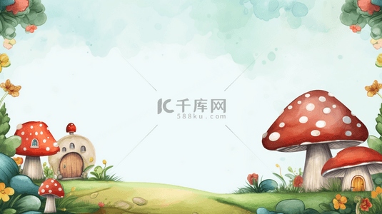可爱清新春天水彩蘑菇边框背景图