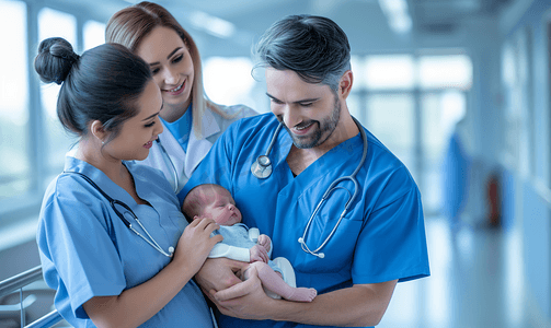 产妇图片摄影照片_医护人员接待新生儿和搀扶产妇