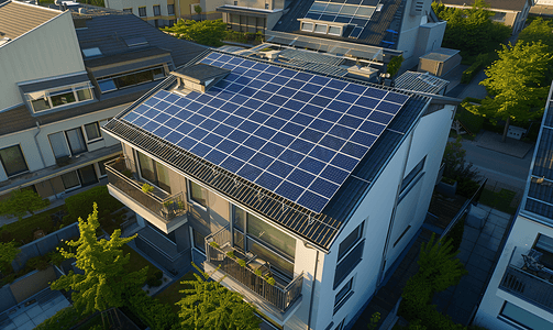 屋顶太阳能板摄影照片_屋顶的太阳能光伏板新能源图片