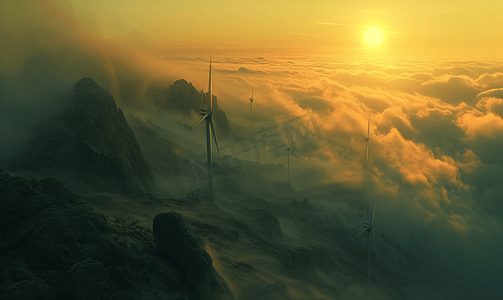山顶云海中的发电风车