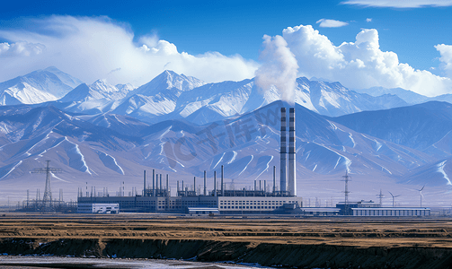 电厂图片摄影照片_新疆天山雪山风电厂电力基础设施素材背景