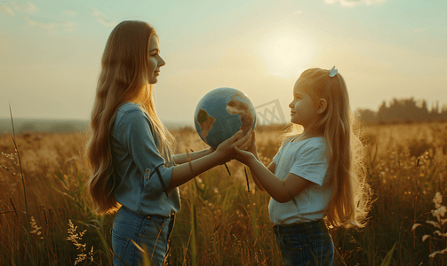 妈妈教女儿保护地球环境