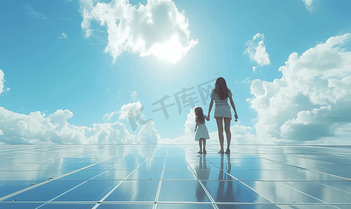 妈妈带女儿户外体验太阳能板