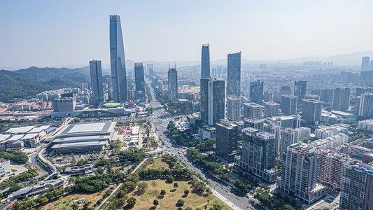 东莞国贸繁忙的城市建筑群交通航拍