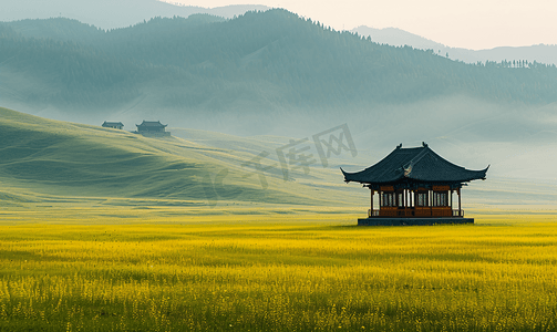 贵州六盘水乌蒙大草原山顶晴空万里平原上亭子