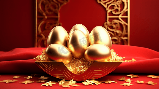 砸蛋摄影照片_新年金蛋红色背景24