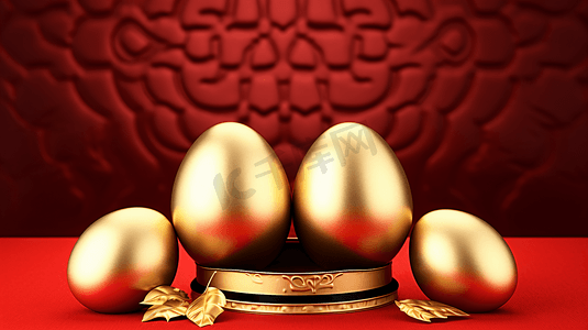 砸金蛋背景摄影照片_新年金蛋红色背景11