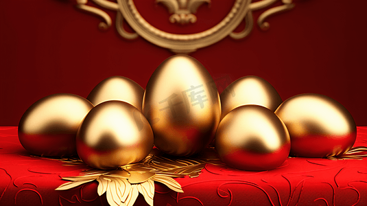 砸金蛋背景摄影照片_新年金蛋红色背景10