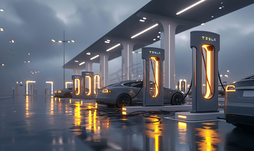 新能源汽车充电站充电桩和正在充电的汽车