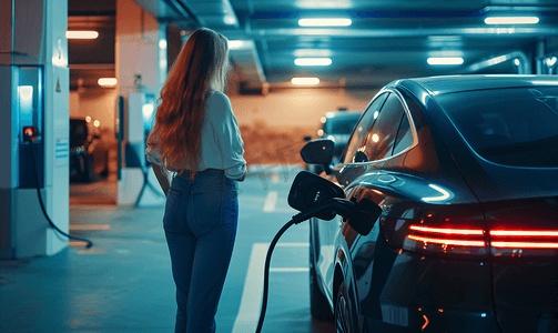 绿色低碳节能出行摄影照片_地下停车场给新能源汽车充电的女性