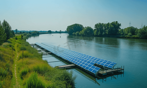 太阳能电池板沿着河边排列