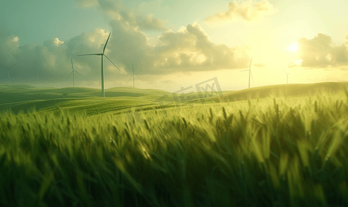 绿色农业科技摄影照片_田间绿色的发电风车