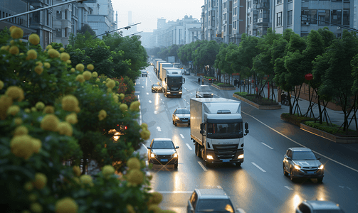 行驶在城市街道的电动货车