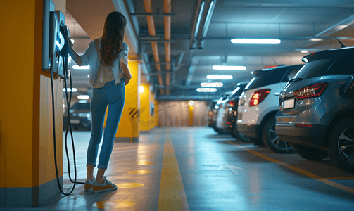 节约用电的摄影照片_地下停车场给新能源汽车充电的女性