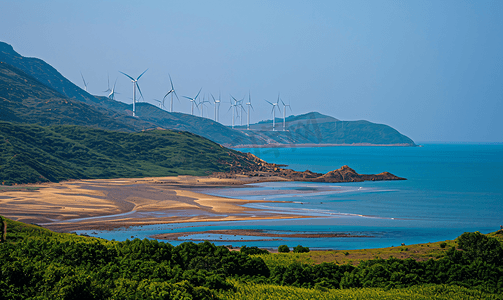 福建书法摄影照片_新能源福建平潭海边的风力发电厂