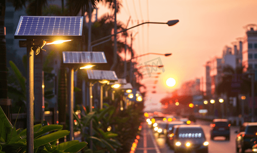 路灯图片摄影照片_城市街道上的太阳能路灯
