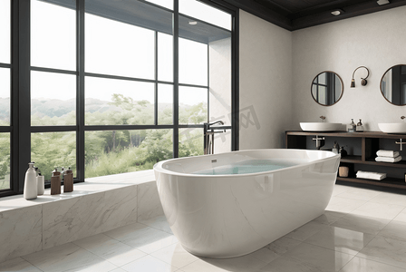 洗澡泡澡摄影照片_浴室内的现代陶瓷浴缸摄影图1