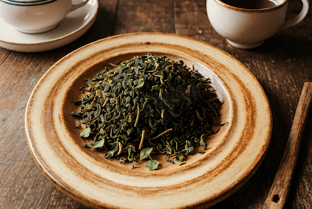 盘子里的绿茶茶叶摄影图片9