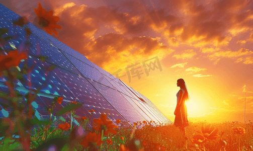 全球变暖图片摄影照片_夕阳下在花田里的风力发电机