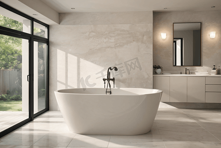 浴室泡澡摄影照片_浴室内的现代陶瓷浴缸摄影图4