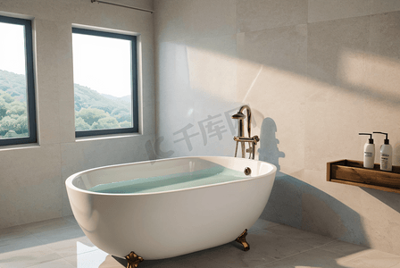 白色浴室里的陶瓷浴缸摄影图8