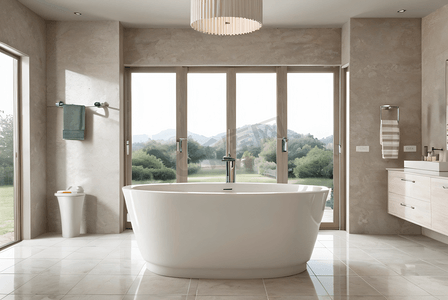 洗澡泡澡摄影照片_白色浴室里的陶瓷浴缸摄影图6