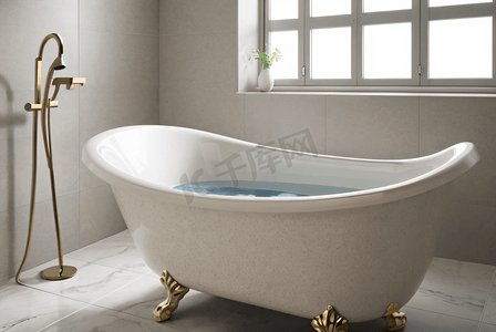 浴室里的白色陶瓷浴缸摄影图4