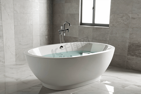 白色浴室里的陶瓷浴缸摄影配图6