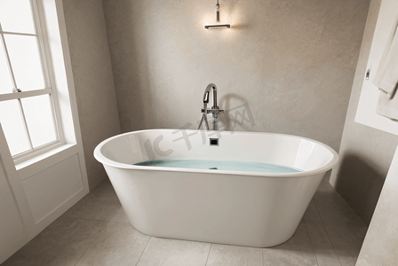 白色浴室里的陶瓷浴缸摄影配图8