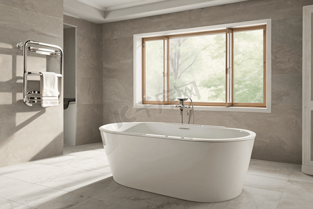 浴室泡澡摄影照片_白色浴室里的陶瓷浴缸摄影图9