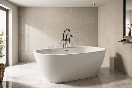 浴室泡澡摄影照片_白色浴室里的陶瓷浴缸摄影图
