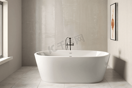 浴室泡澡摄影照片_白色浴室里的陶瓷浴缸摄影配图3
