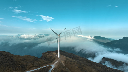蓝天航拍摄影照片_新能源风力发电清洁能源云海山顶
