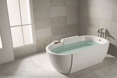 泡澡休息摄影照片_浴室里的白色陶瓷浴缸摄影配图5