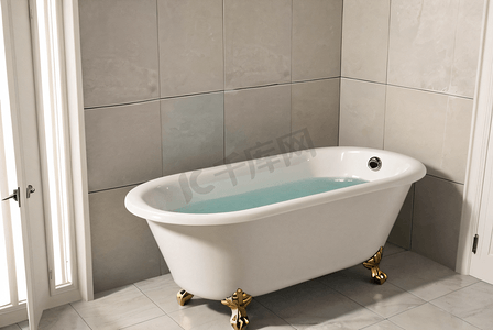 浴室泡澡摄影照片_白色浴室里的陶瓷浴缸摄影图0