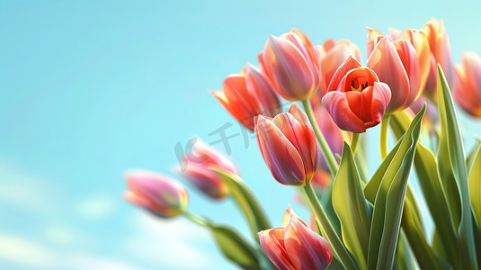 春天郁金香花摄影照片_蓝天下有精致的郁金香花摄影图