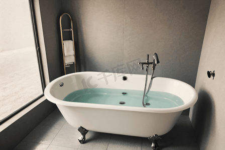 浴室泡澡摄影照片_白色浴室里的陶瓷浴缸摄影配图5