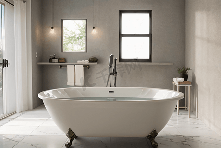 白色浴室里的陶瓷浴缸摄影图7