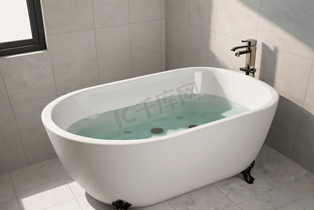 浴缸摄影照片_浴室里的白色陶瓷浴缸摄影配图