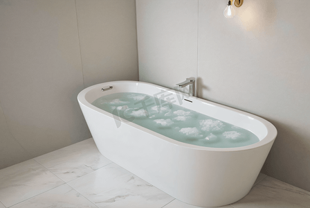 浴室里的白色陶瓷浴缸摄影图0
