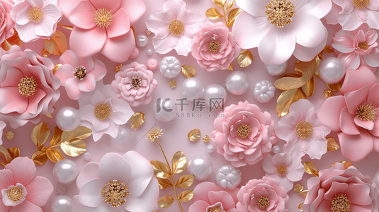 贝壳带珍珠背景图片_粉色装饰品手工花瓣背景2