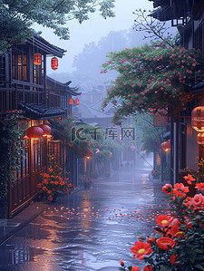 春天雨中的古镇烟雨背景图