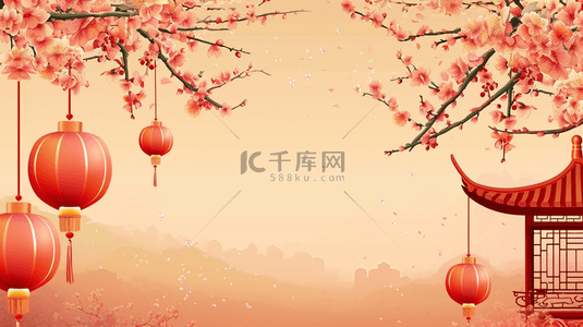 春季彩色手绘树上挂灯笼风景的背景5