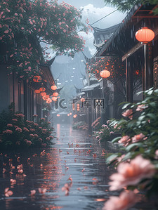 中古镇背景图片_春天雨中的古镇烟雨设计图