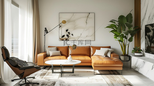 现代客厅大理石棕褐色皮沙发素材