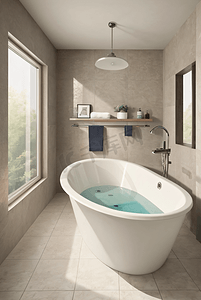 浅色浴室里的白色浴缸摄影图6