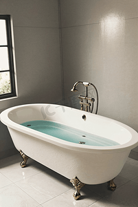 浴室泡澡摄影照片_浅色浴室里的白色浴缸摄影图3