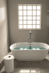浴室泡澡摄影照片_浅色浴室里的白色浴缸摄影配图4