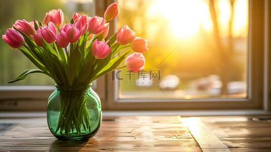 立春公众号首图背景图片_阳光桌子粉色郁金香设计